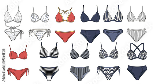 Collection of different bikini styles and designs featuring various colors patterns and cuts for summer swimwear.