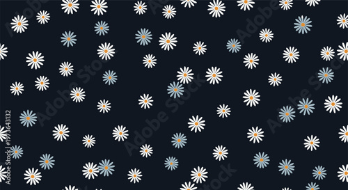 Elegant floral pattern featuring white and light blue daisy flowers scattered across a solid black background.