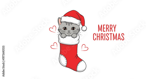 Adorable merry christmas illustration with a gray tabby cat wearing a santa hat peeking out of a red holiday stocking.