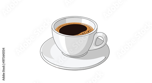 Realistic illustration of a white ceramic cup filled with dark black coffee with foam resting on a matching saucer.