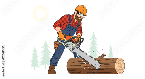 A bearded lumberjack dressed in a red plaid shirt and blue overalls operates a powerful chainsaw to cut a large fallen log within a serene forest setting.