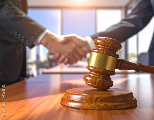 Business handshake with judge gavel.