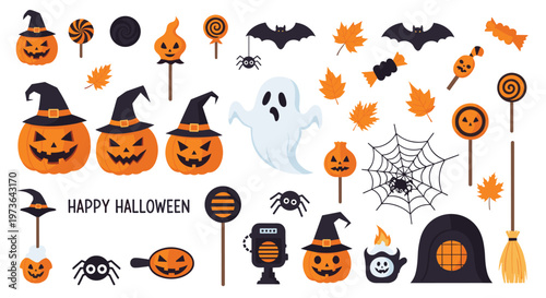 Extensive collection of colorful halloween themed icons including pumpkins witches ghosts candy and spooky decorations.