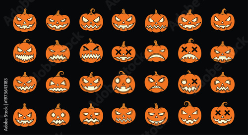 Scary and diverse collection of jack o lantern faces with different expressions arranged on a solid black background.