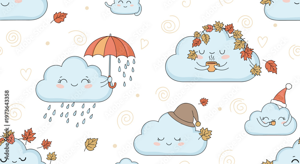 Fototapeta premium Seamless pattern with cute clouds experiencing different seasons like autumn rain and winter snow with hats.