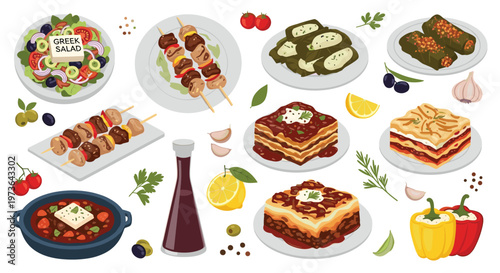 Comprehensive collection of Greek food items including souvlaki, moussaka, Greek salad, dolmades, and olives for a Mediterranean menu design.