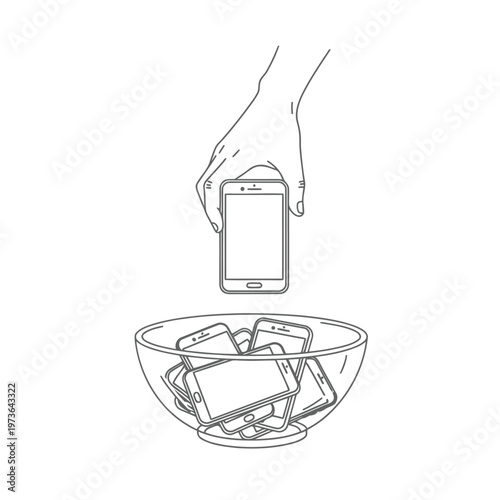 Hand putting a smartphone into a bowl full of other phones