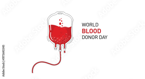 Blood donation bag with tube for world blood donor day celebration against a clean white background surface.