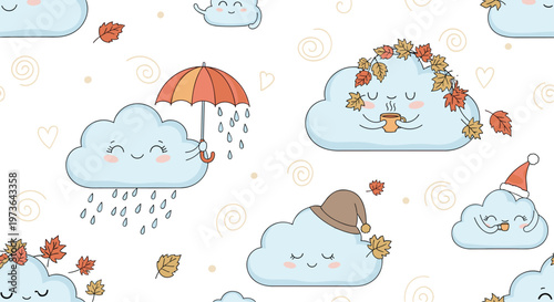 Seamless pattern with cute clouds experiencing different seasons like autumn rain and winter snow with hats.