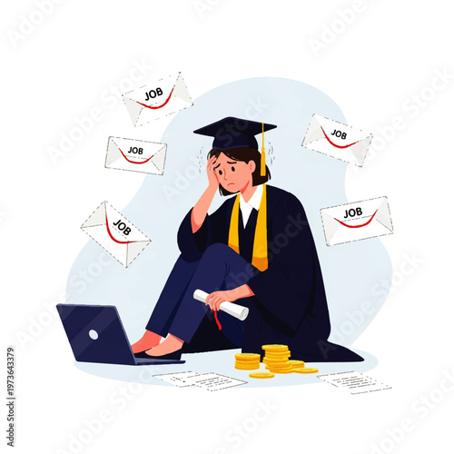 Vector flat design illustration of a stressed graduate in cap and gown searching for jobs online with rejection letters