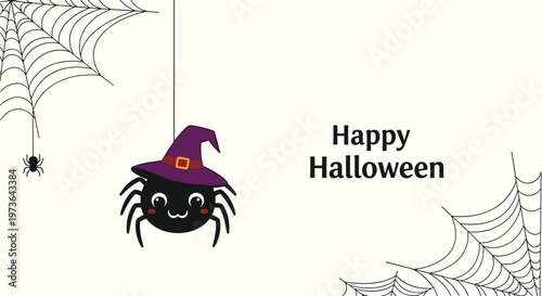 Cute smiling spider wearing a purple witch hat with cobwebs for happy halloween celebration greeting card.