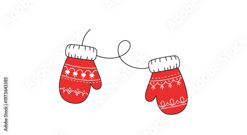 Pair of red knitted mittens joined by a string featuring white patterns for winter cold weather protection.