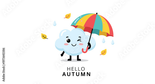 Adorable cloud character holding a colorful umbrella while walking in the rain for a hello autumn greeting.