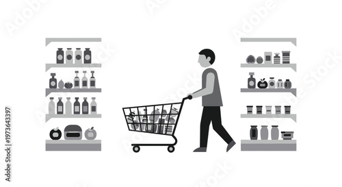 A solitary shopper navigates through narrow supermarket aisles with a metal cart while selecting diverse bottled goods in a minimalist grayscale aesthetic.