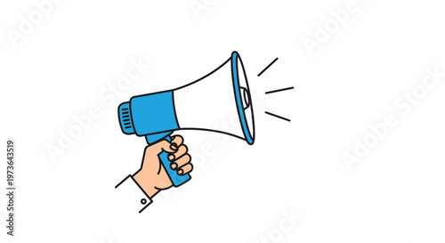 Human hand holding a blue and white megaphone to make a loud announcement or important statement for public communication.