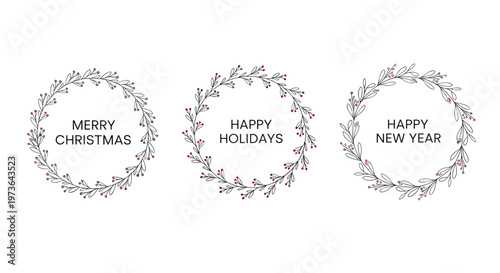 Collection of three elegant winter wreaths made of branches and berries featuring festive greetings for Christmas and New Year.