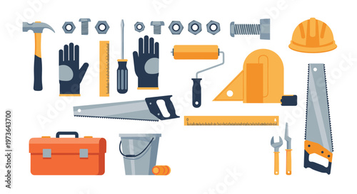 Comprehensive collection of essential construction and repair tools including hammers, saws, wrenches, and safety gear for DIY projects.