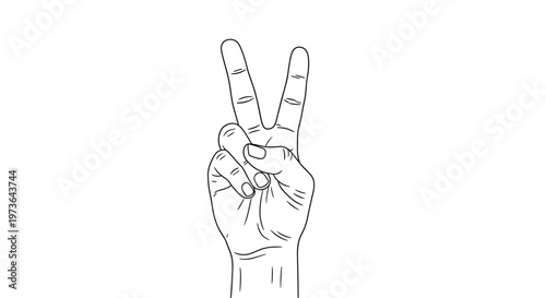 Simple black and white line drawing of a human hand making the peace or victory sign with two fingers raised upwards.