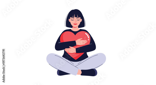 Peaceful young woman sitting cross legged while tenderly hugging a large red heart to represent self love and emotional well being.