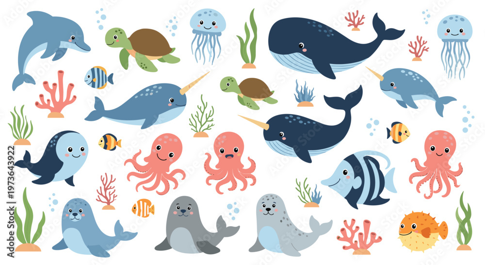 Fototapeta premium Cute underwater sea animal set including a whale, dolphin, turtle, octopus, seal, and jellyfish for educational posters and nursery decorations.