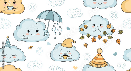 Adorable seamless pattern of cute cloud characters drinking coffee and playing with autumn leaves for seasonal weather and cozy fall themes.