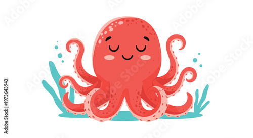 Adorable red octopus character with a sweet smile and closed eyes swimming in the ocean among green seaweed and blue bubbles for children.