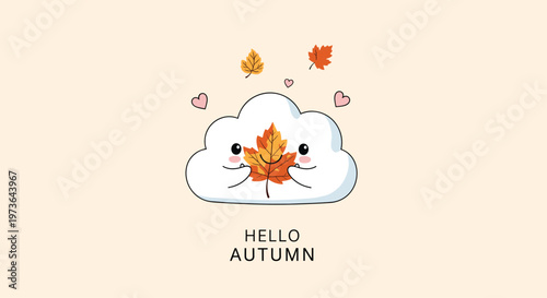 Cute little cloud character holding a vibrant orange maple leaf with hearts floating around and the text hello autumn on a soft background.