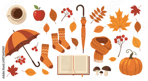 Autumn season collection with fall elements like an umbrella, hot coffee, colorful leaves, warm socks, a scarf, a pumpkin, and forest mushrooms.