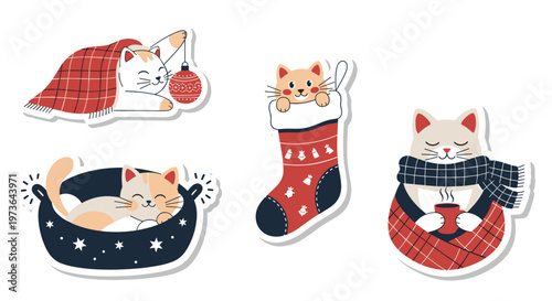 Set of cute Christmas cat stickers featuring kittens in holiday stockings, under blankets, and wearing winter scarves with steaming hot cocoa.