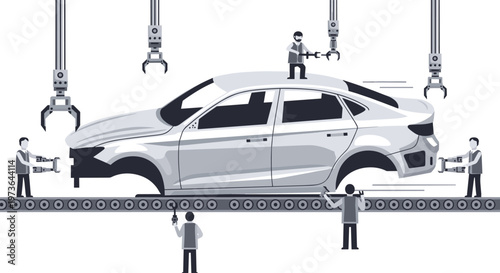 Skilled human workers collaborate with advanced robotic arms to assemble a sleek car body on a continuous conveyor belt in a professional gray workspace.