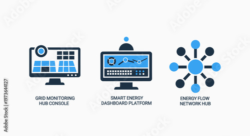 Computer monitors displaying data, charts, and network connections
