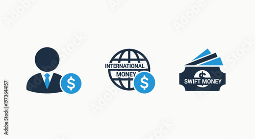 Icons representing financial concepts: a person with money, a globe labeled 'international money', and a money transfer symbol