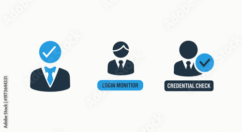 Icons for user authentication, login validation, and credential check in digital security