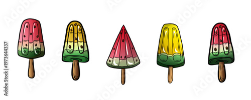 watermelon and melon fruit ice cream popsicle collection, refreshing summer dessert wreath and elements set for greeting cards, menu design and seasonal promotion