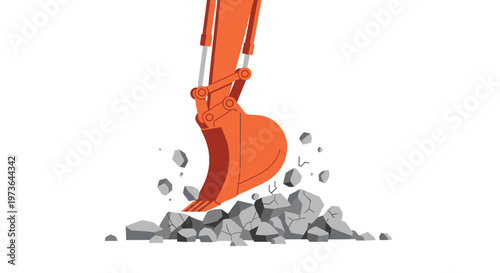 A close-up view of a bright orange excavator bucket digging into a pile of gray concrete rocks and debris in a simple clean construction environment scene.