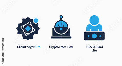 Blockchain and cryptocurrency icons: chain ledger pro, crypto trace pod, and block guard lite