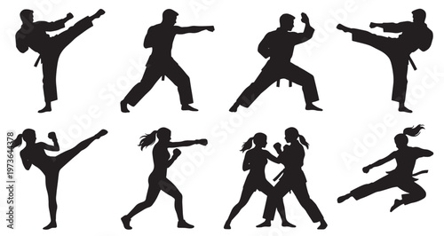 Martial Arts Combat Silhouettes Set Pack. Editable Vector Stroke Illustration. featuring karate, martial, arts, combat, judo, taekwondo, kungfu, selfdefense, discipline, training more silhouettes.