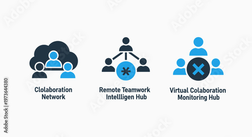 Collaboration and remote work icons: network collaboration, remote teamwork, virtual hub