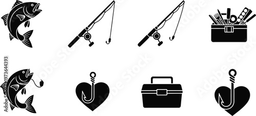 Fishing icons set black silhouette illustrations of fish tackle and gear for outdoor recreation sports designs