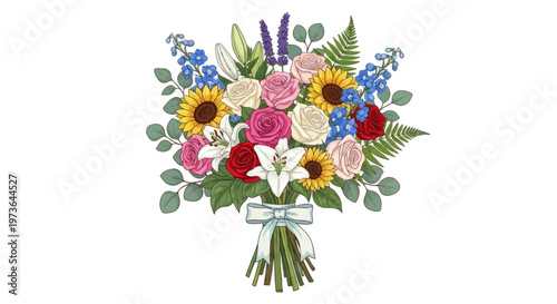 A beautifully illustrated large bouquet features a diverse assortment of colorful flowers, including sunflowers, lilies, roses, and delphiniums, tied with a delicate blue ribbon on a white background.