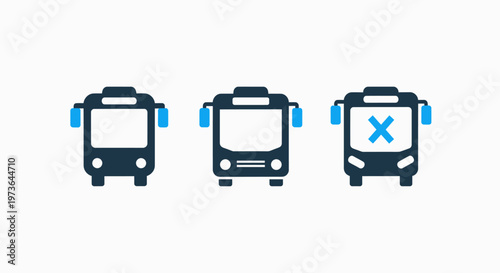 Collection of three bus icons, one indicating a cancelled or unavailable bus service with a clear 'x' mark