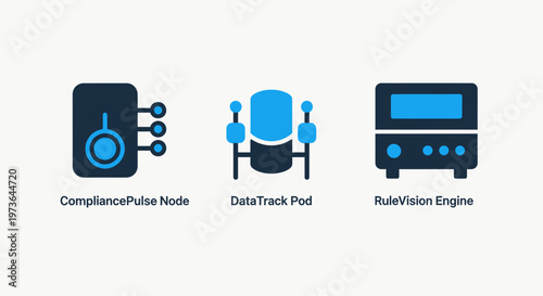 Digital icons representing data compliance node, data track pod, and risk vision engine for robust technological solutions and management