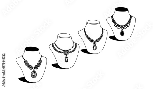 Luxury necklace display vector with gemstone jewelry on angled bust stands elegant fashion accessory illustration