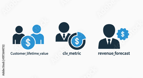 Business metrics icons for customer lifetime value and revenue forecasting analytics