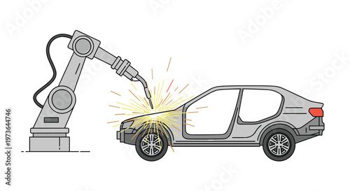 An automated robotic arm performs high-speed welding on a grey car hood in a sterile factory setting with a vibrant starburst pattern of glowing hot sparks.