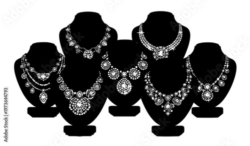 Luxury necklace set vector with ornate gemstone pendants on jewelry busts elegant retail collection illustration
