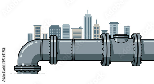 A large gray metal pipe with flanges curves in front of a distant city skyline silhouette in a clean urban environment with a professional gray aesthetic.