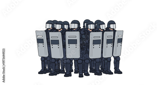 A dense formation of riot police wearing dark tactical gear and protective helmets hold rectangular shields in a unified block against a clean white backdrop.