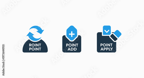 Point system icons representing refresh, add, and apply actions for digital processes and user interfaces