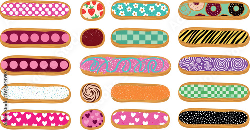 Eclair Dessert Collection Colorful Toppings Pastry Bakery Flat Vector Set